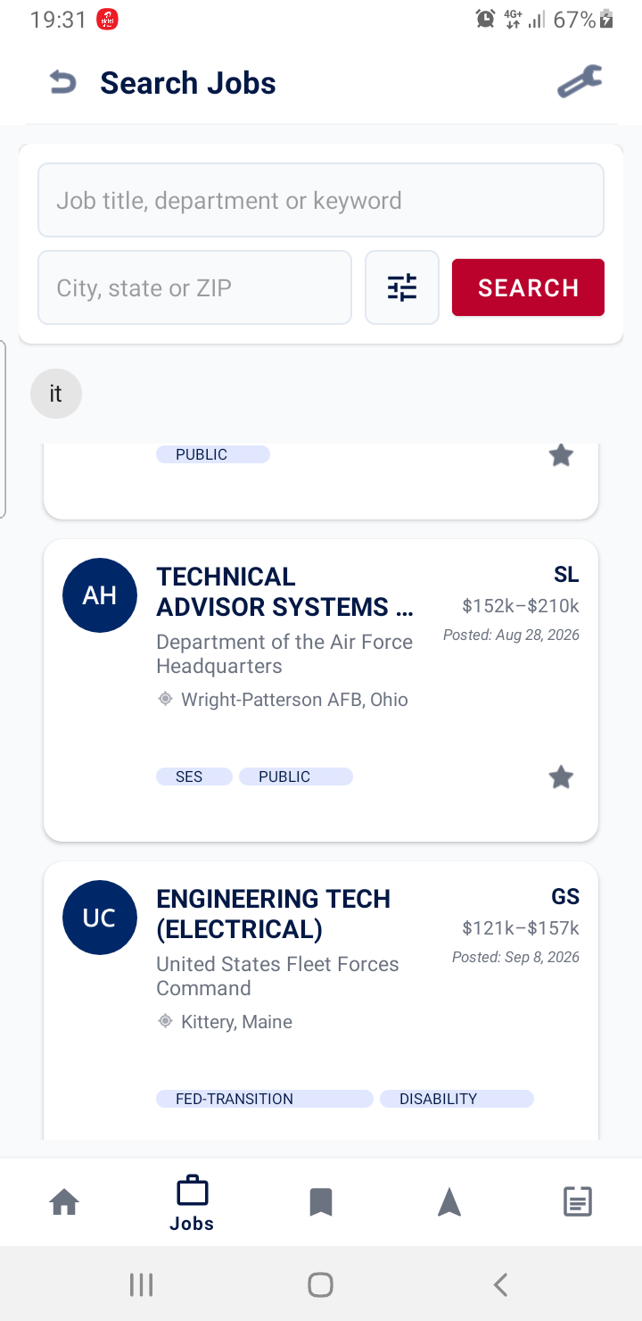 GO USA Mobile App Federal Search Results and GS Grade Listings